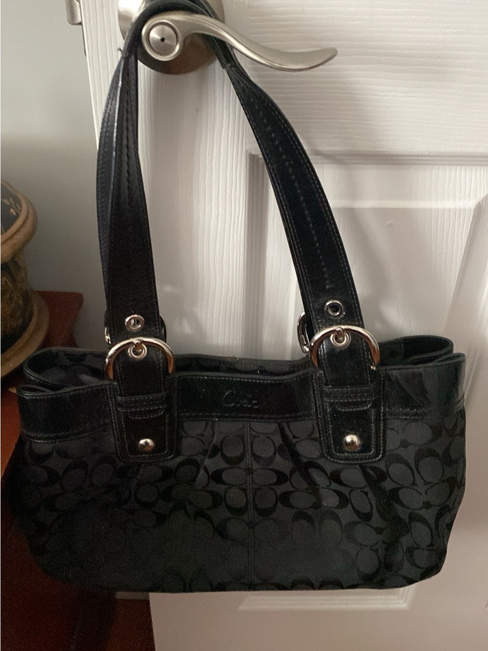 Coach Black Signature Shoulder Bag with Patent Trim